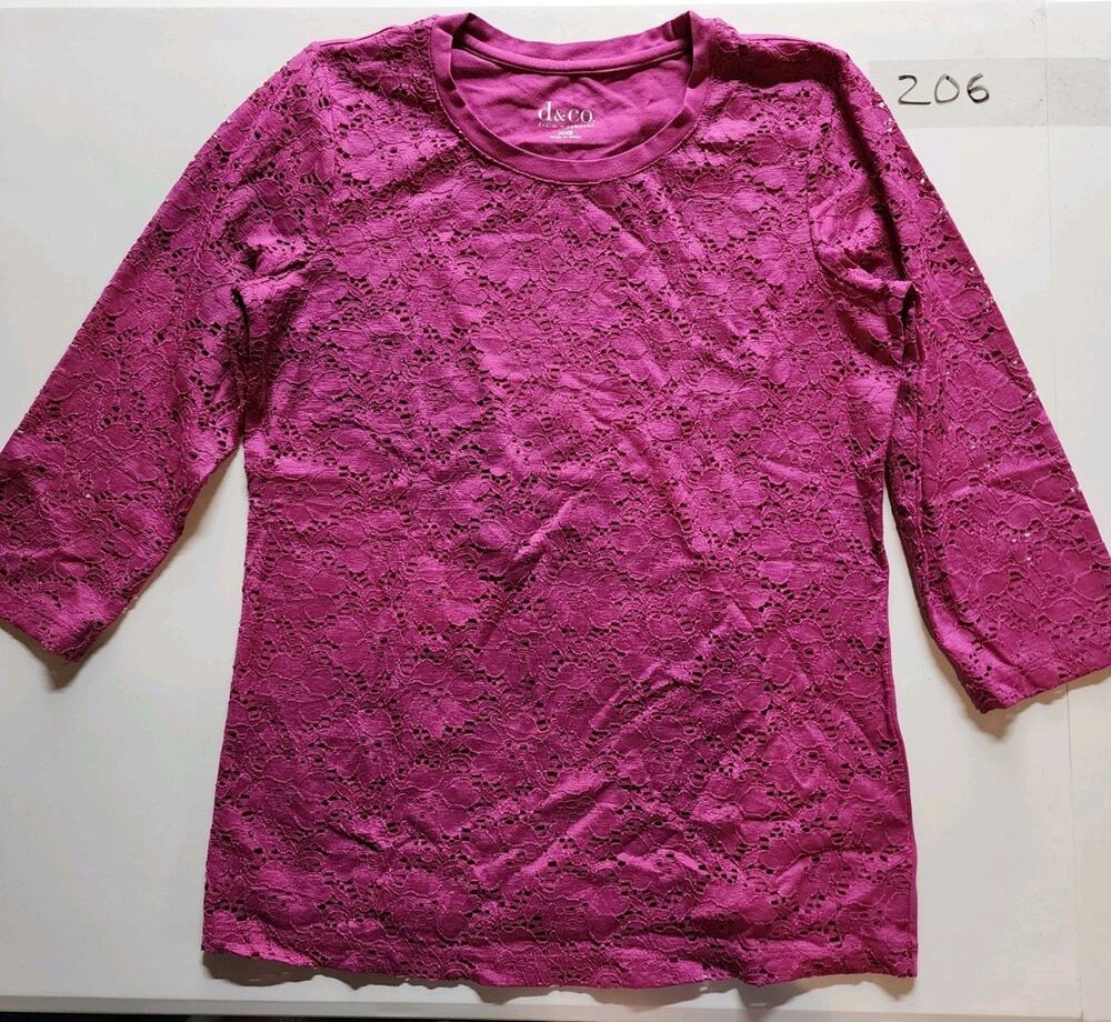 Denim & Co Womens Magenta Purple Floral Lace Overlay 3/4 Sleeve Top Shirt XXS